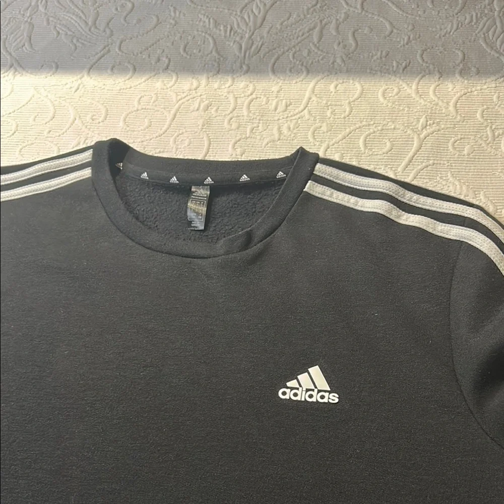 Adidas Men's Crewneck Sweatshirt - Black with White Stripes. Large